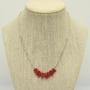 VINTAGE LIQUID 925 SILVER CORAL HEISHI THIN  NECKLACE 16"